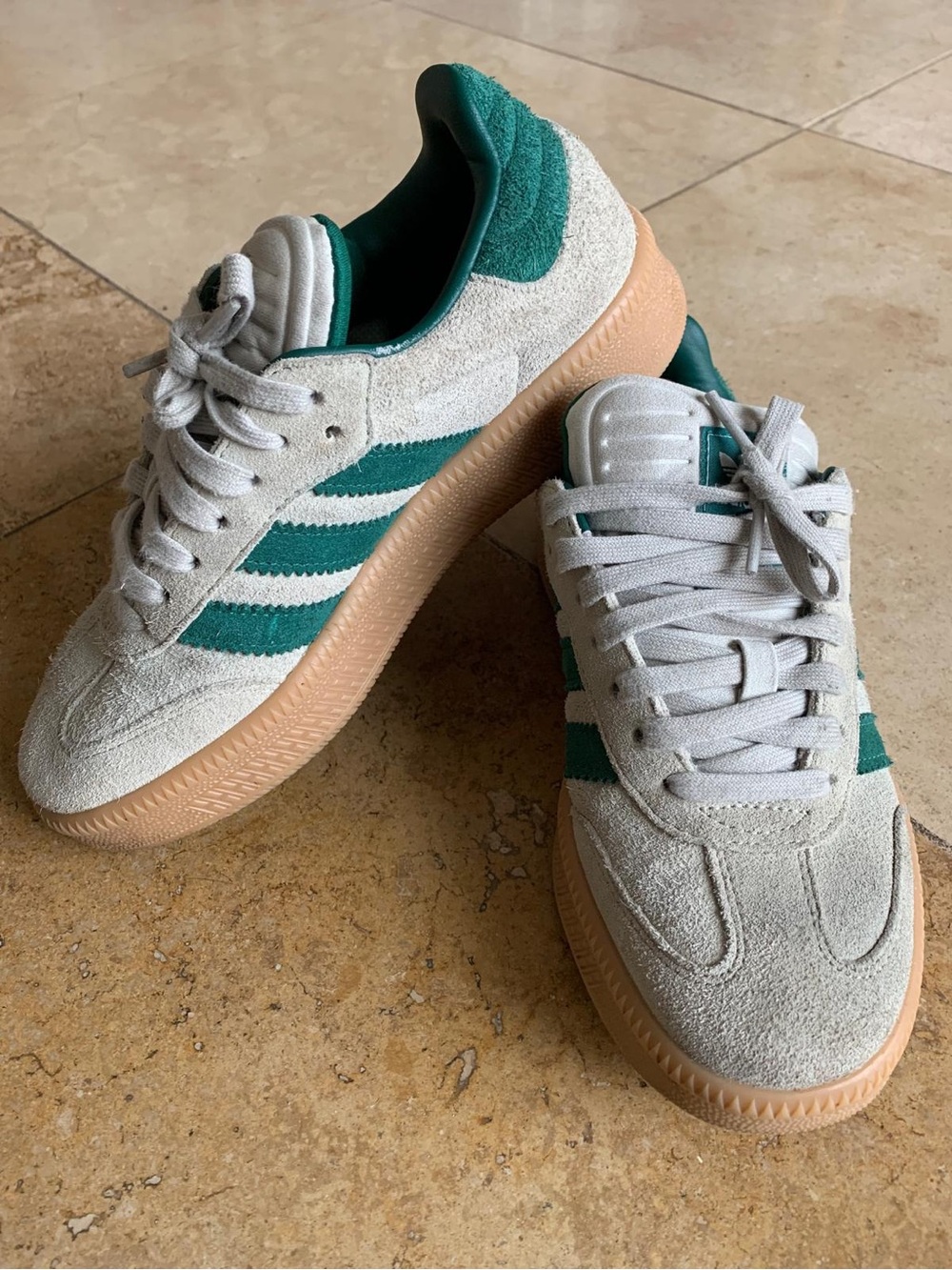 adidas Kids Suede Sneakers in Cream with Green Stripes and Gum Sole
